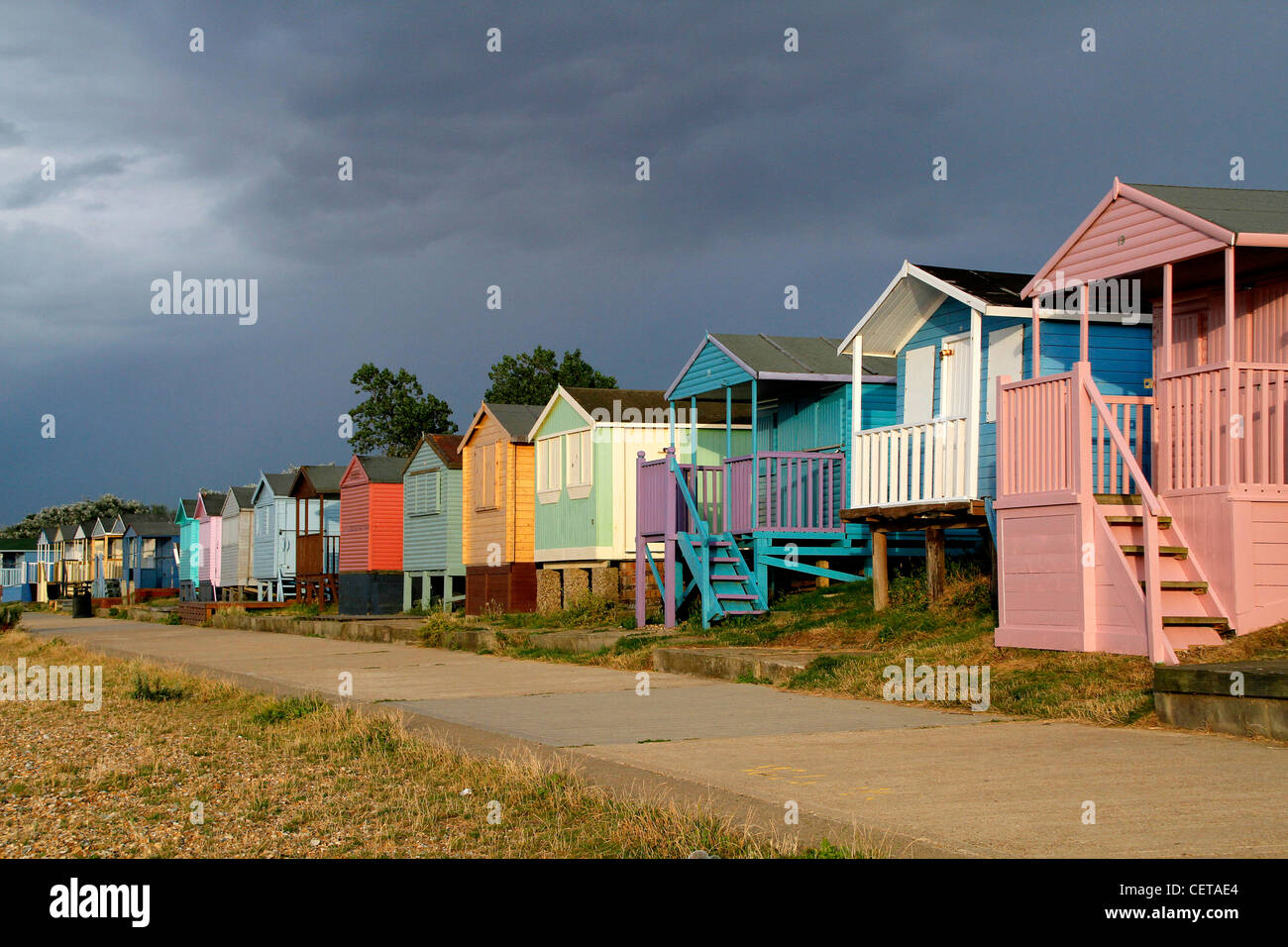 Beach huts along the seafront at Whitstable. Stock Photo