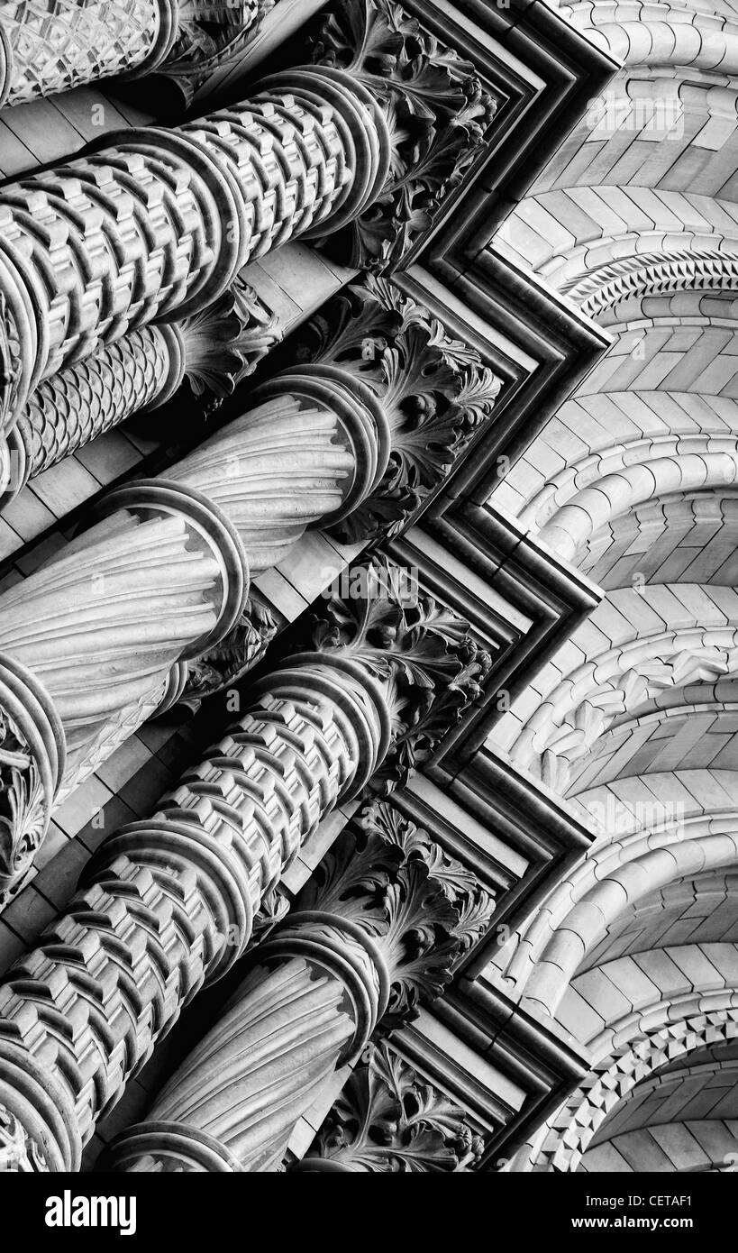 Romanesque architecture at the grand entrance of the Waterhouse building of the Natural History Museum. Stock Photo