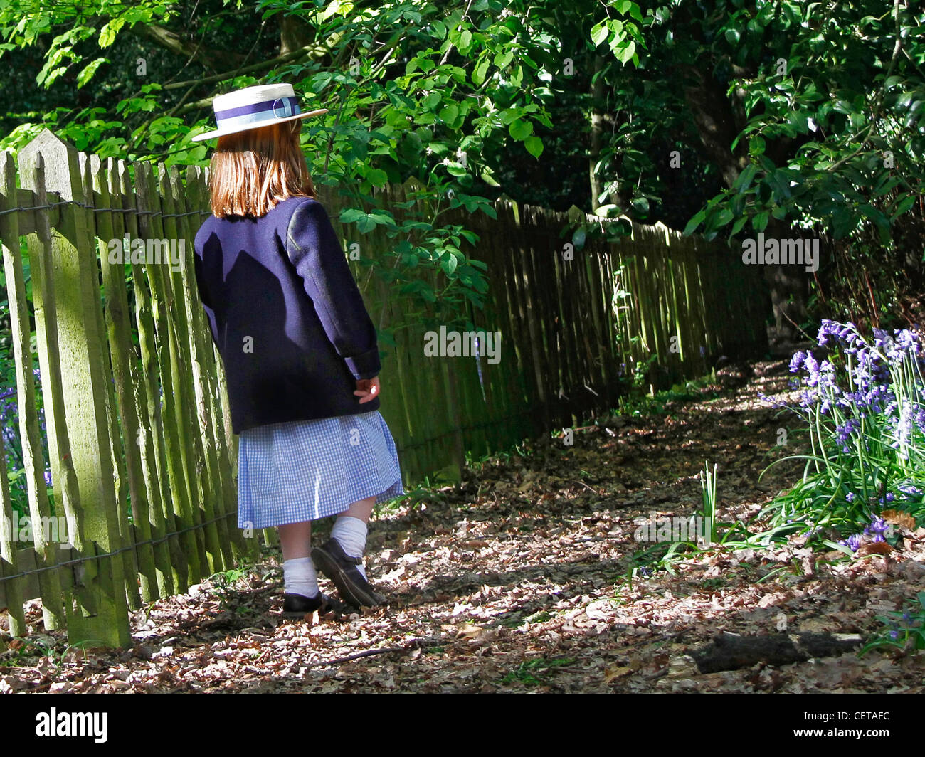 A young girl wearing school uniform walking through autumnal leaves in Holland Park. Stock Photo