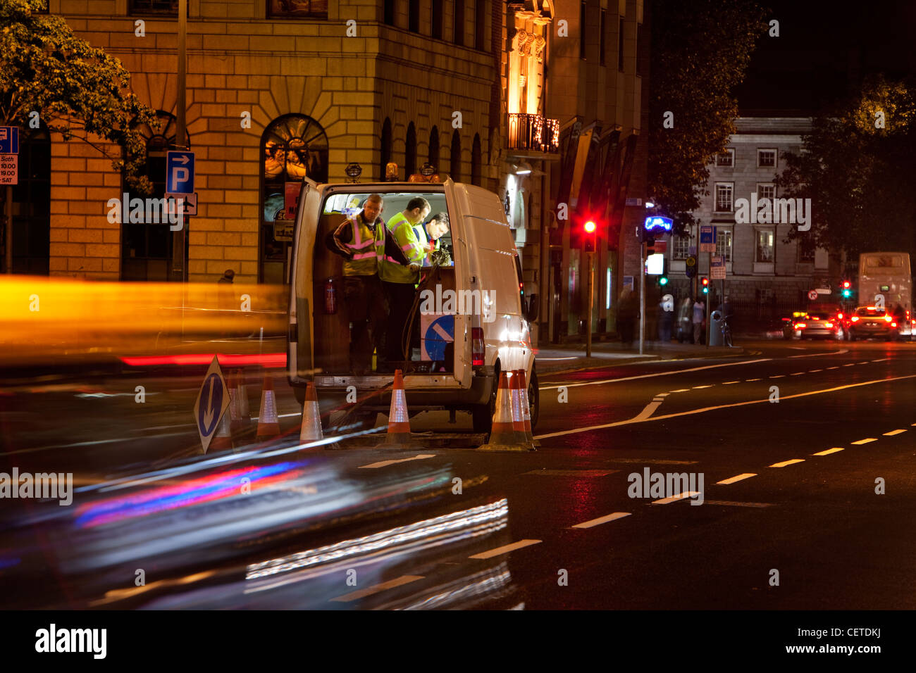 Road works at night in the centre of Dublin Stock Photo