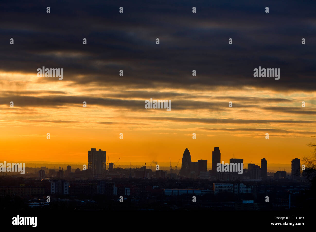 London skyline at dusk photographed from Highgate Stock Photo
