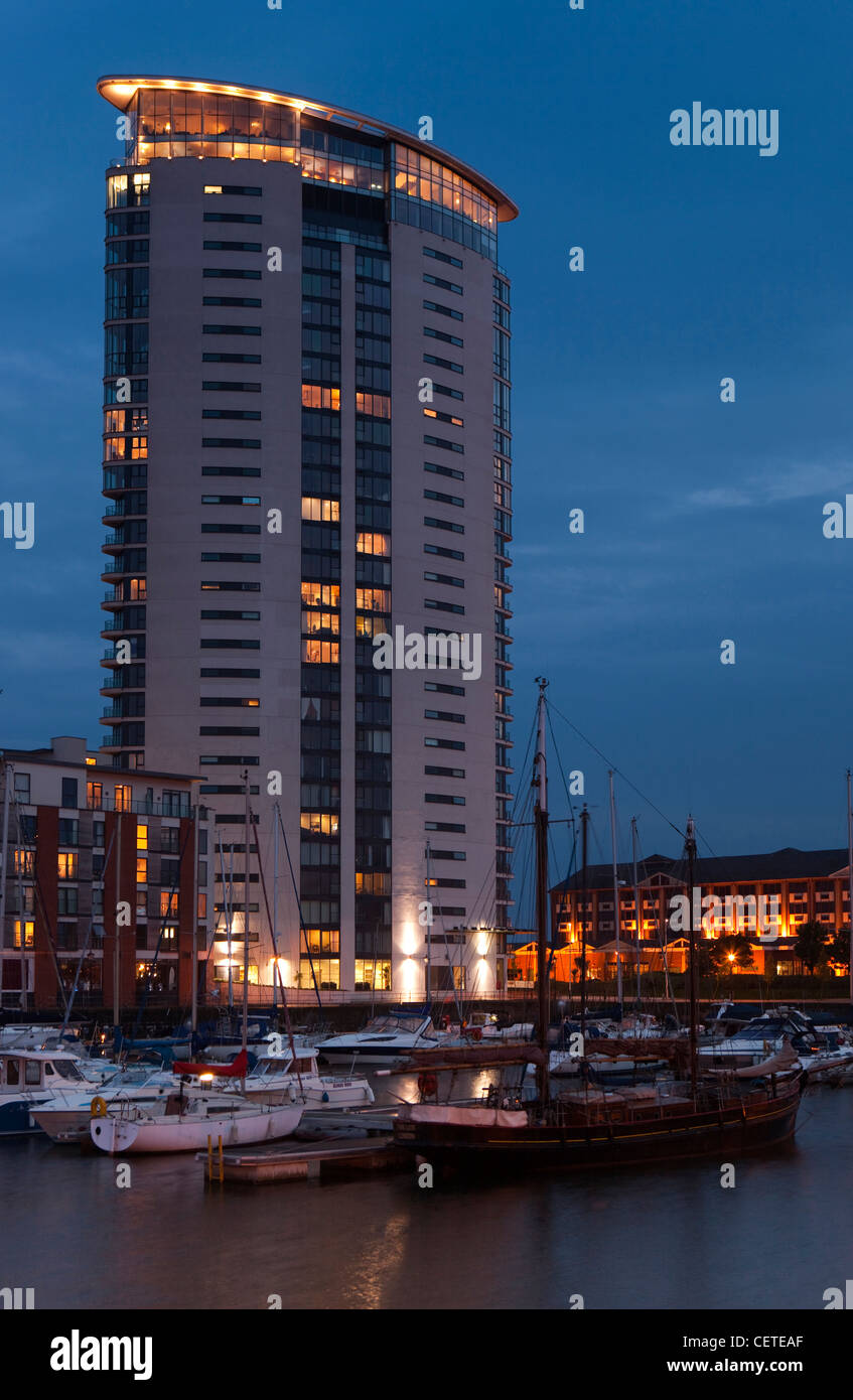 UK, Wales, Swansea, Maritime Quarter, Meridian Tower, towering over the
