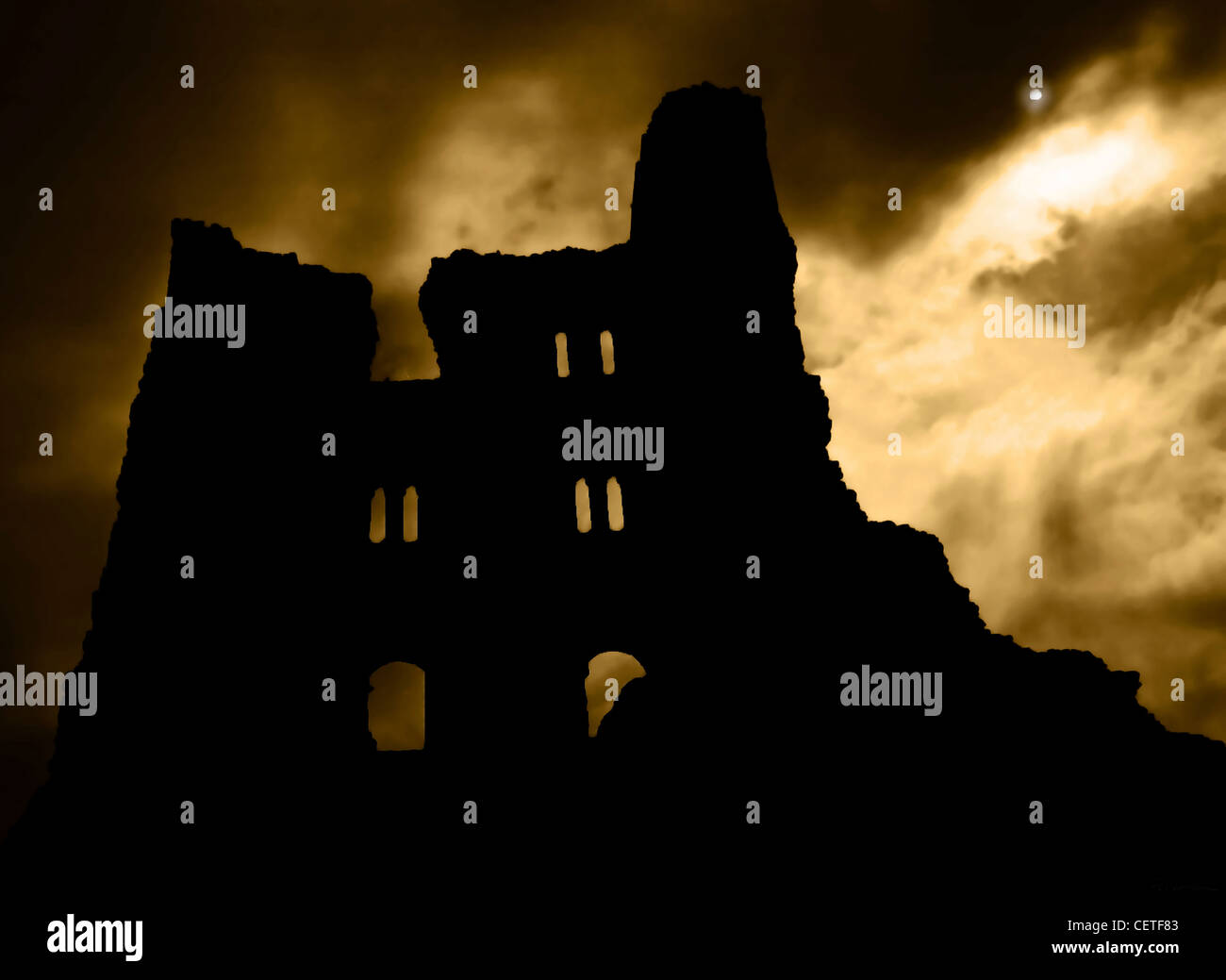 Looking up to the silhouetted ruins of the Benedictine abbey at Whitby. Stock Photo