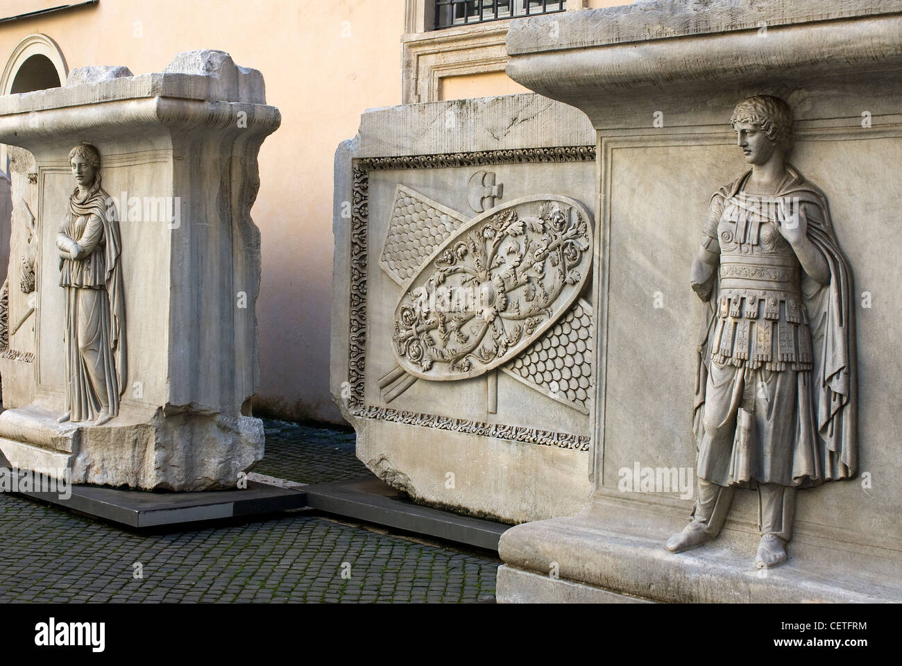 Plinths with personifications of Provinces and trophies of arms, courtyard of Palazzo dei Conservatori, Rome, Latium, Italy Stock Photo