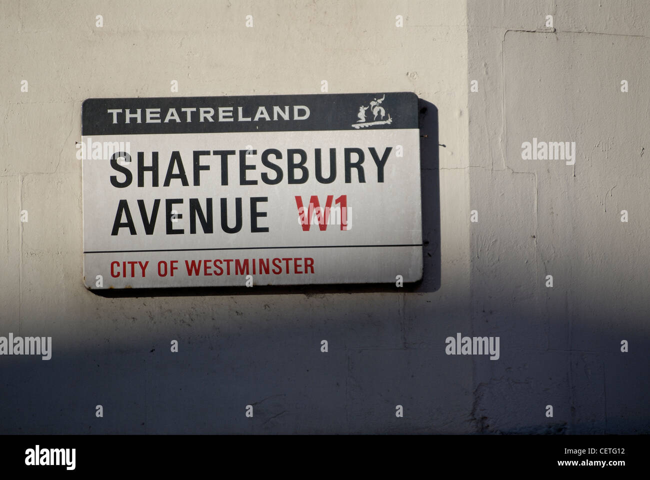 Shaftsbury Avenue street sign. Shaftsbury Avenue is named after Anthony Ashley Cooper, 7th Earl of Shaftesbury. Stock Photo
