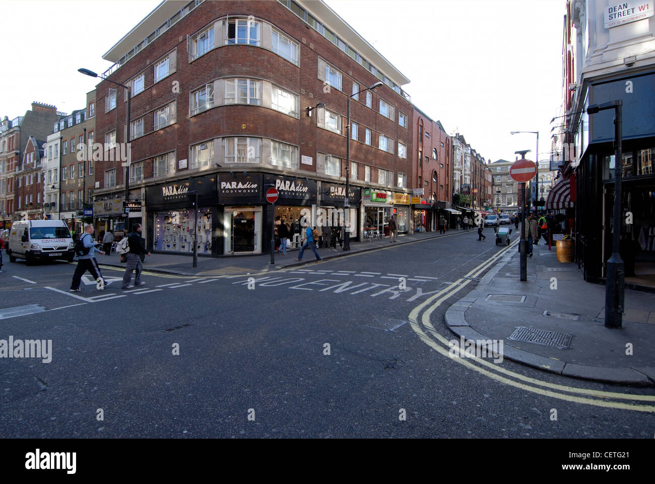 Looking at Old Compton Street from the corner of Dean Street. Old Compton Street was named after  Henry Compton who raised funds Stock Photo