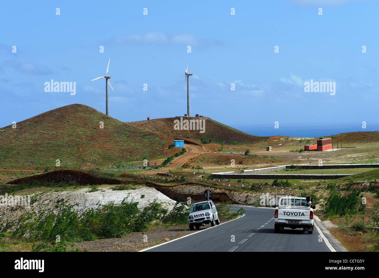 Trass (mineral) wind turbine, Santo Antao, Cape Verde Islands, Africa Stock Photo
