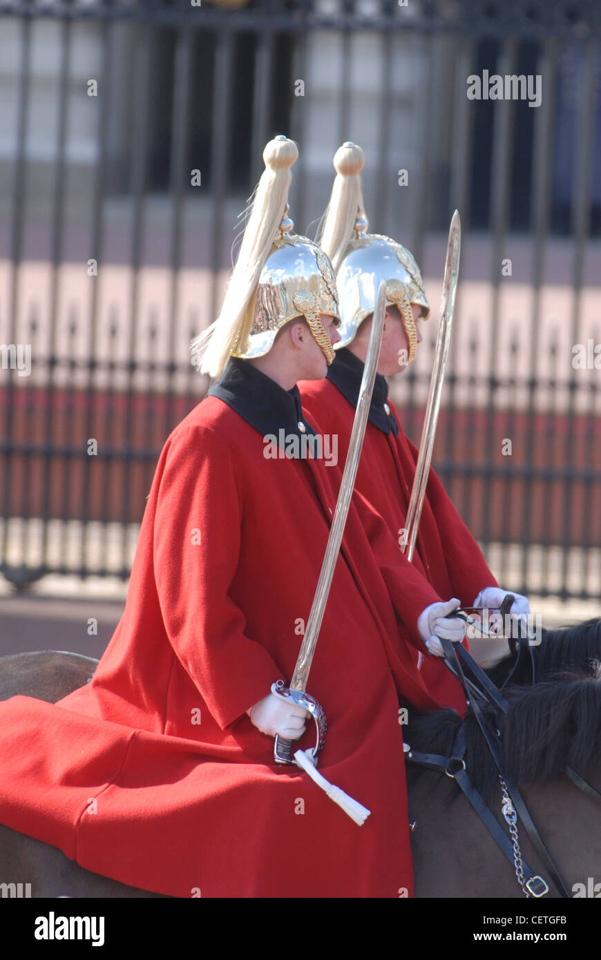 Changing the guard at Buckingham Palace. The household troops have guarded the sovereign and the royal palaces since 1660 and wh Stock Photo