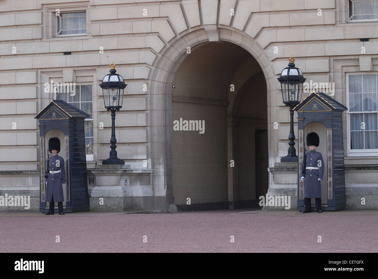 Changing the guard at Buckingham Palace. The household troops have guarded the sovereign and the royal palaces since 1660 and wh Stock Photo
