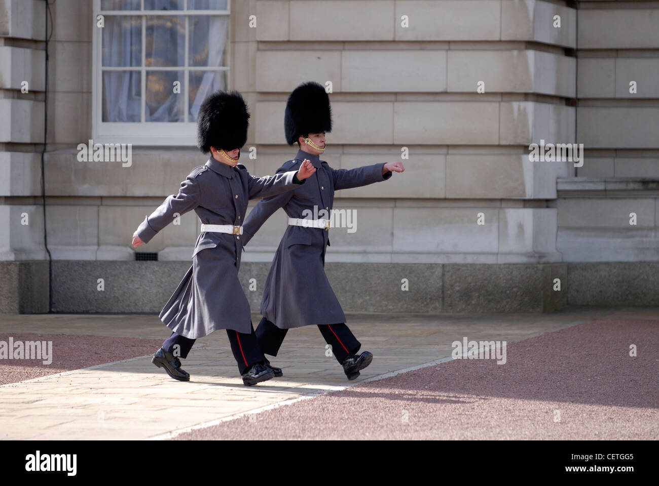 Changing the guard at Buckingham Palace. The household troops have guarded the sovereign and the royal palaces since 1660 and wh Stock Photo