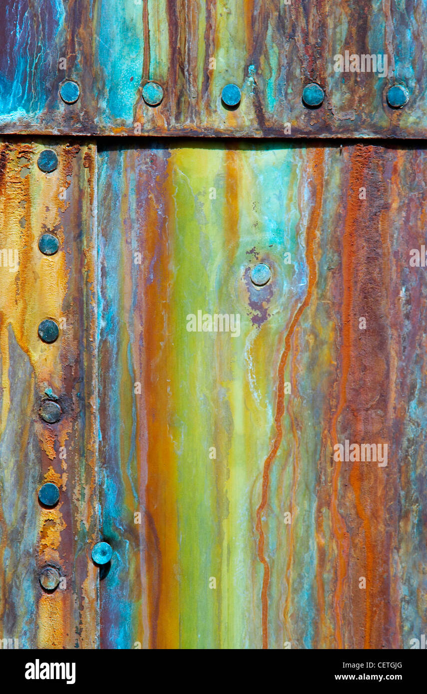 Abstract of corroded copper hull plate of the Cutty Sark. On 21st May 2007, a fire devastated the world's most famous ship and r Stock Photo