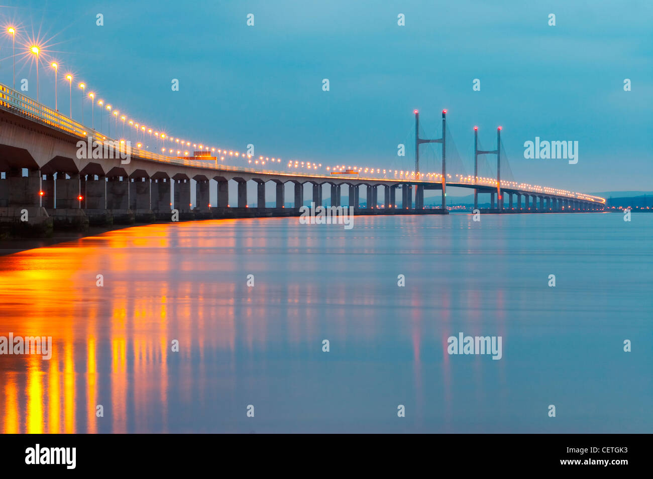 Second Severn Crossing at night. From 1966 to 1996, the original bridge carried the M4 motorway, but on completion of the Second Stock Photo
