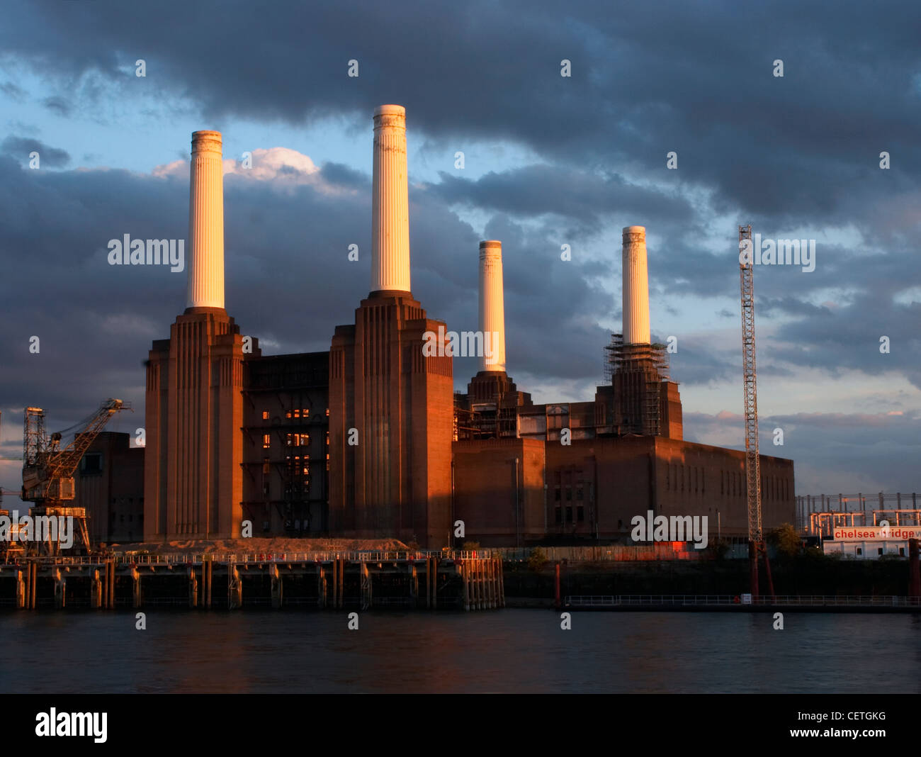 Battersea Power Station at last light. The proposal to site a large power station on the south bank of the River Thames at Batte Stock Photo