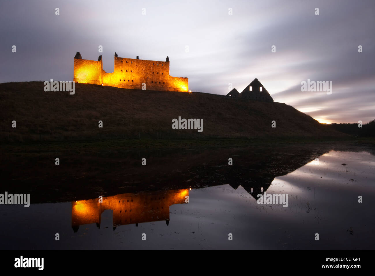 Ruthven Barracks at dusk. The castle that once stood on the site of the barracks, was said to be haunted by its notorious lord, Stock Photo