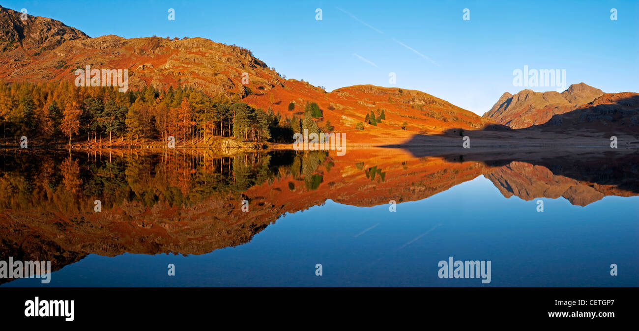 Reflections in Blea Tarn at sunrise. Blea Tarn lies at the top of the pass between Dungeon Ghyll at the head of Great Langdale, Stock Photo