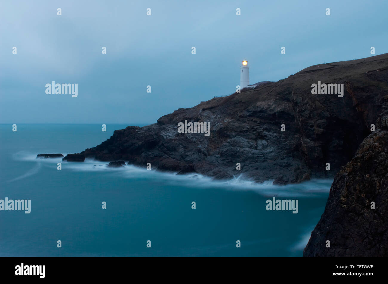 Trevose Lighthouse at dusk. It has two lights the highest of which burns at an elevation of 204 feet above the level of high wat Stock Photo