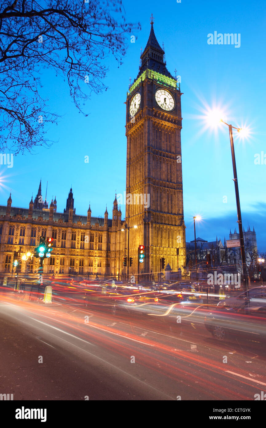 Big Ben at Night. The turrett clock sits at the North East end of the Houses of Parliament. Stock Photo