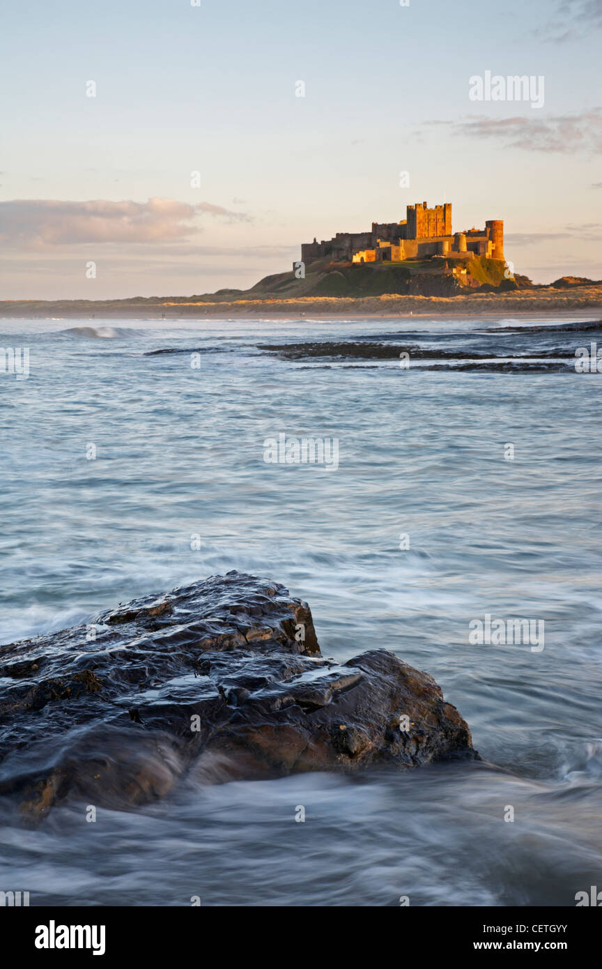 A view toward Bamburgh Castle. The castle has had many additions and restorations in the past but the first record of it dates f Stock Photo