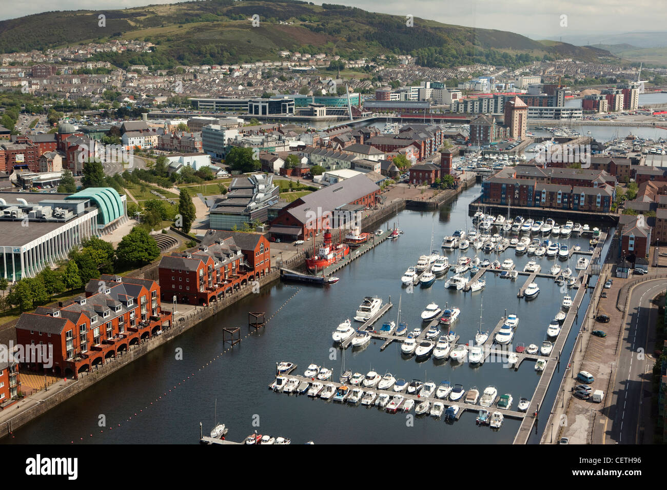 UK, Wales, Swansea, aerial view of Maritime Quarter from Meridian Tower