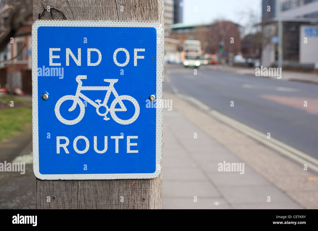 Blue End of Cycle Route sign. Stock Photo