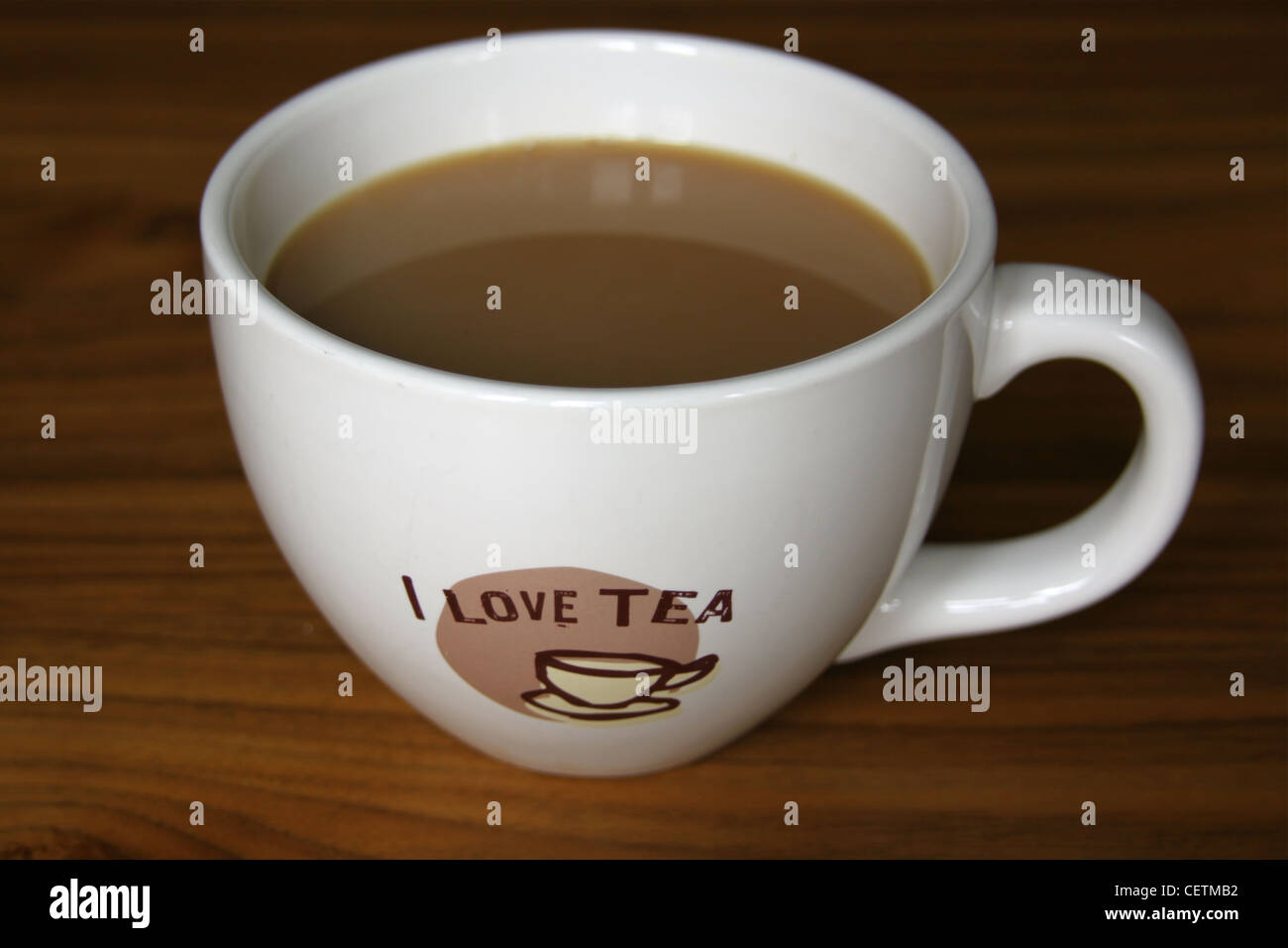 Large cup of English breakfast tea in white cup with I Love Tea written
