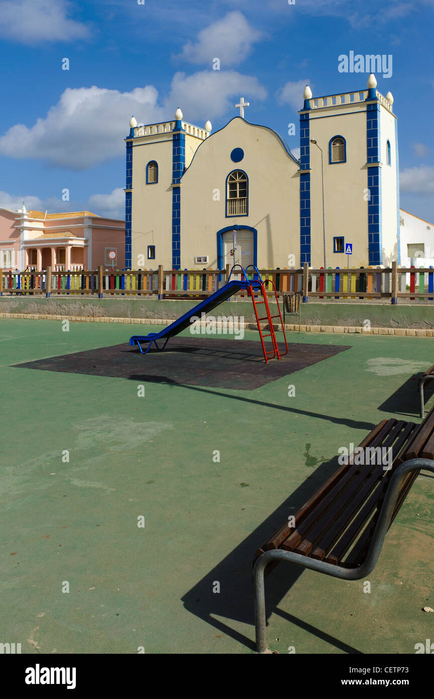Igreja Santa Isabel and Playground n Sal Rei, Boa Vista,Cape Verde Islands, Africa Stock Photo
