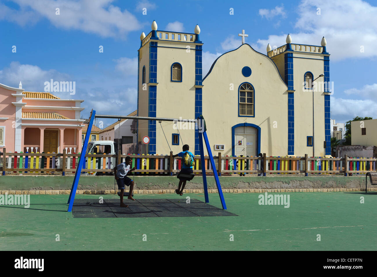 Igreja Santa Isabel and Playground n Sal Rei, Boa Vista,Cape Verde Islands, Africa Stock Photo