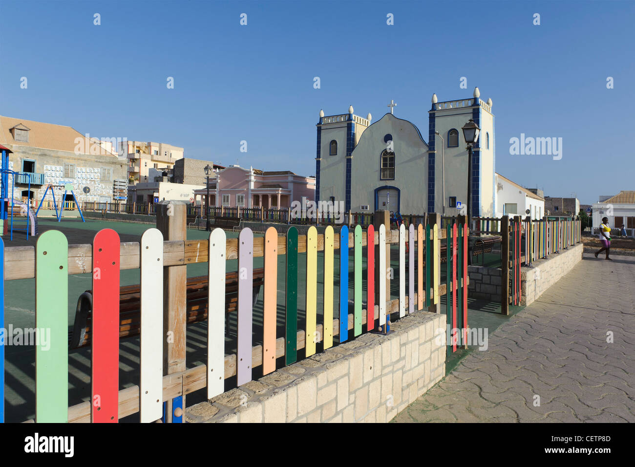 Igreja Santa Isabel and Playground n Sal Rei, Boa Vista,Cape Verde Islands, Africa Stock Photo