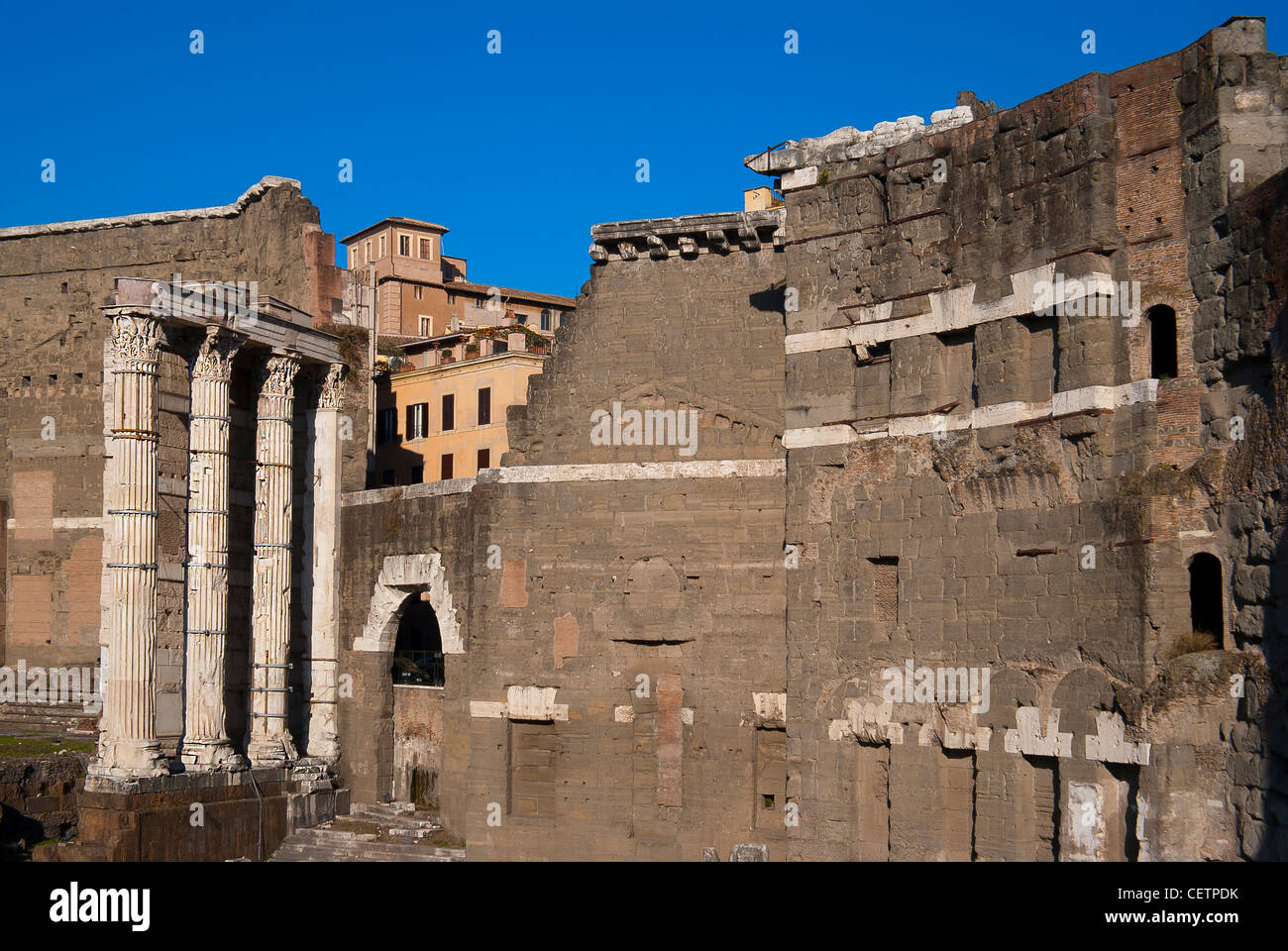Roman ruins at ancient market in Rome, Fori Imperiali. Stock Photo