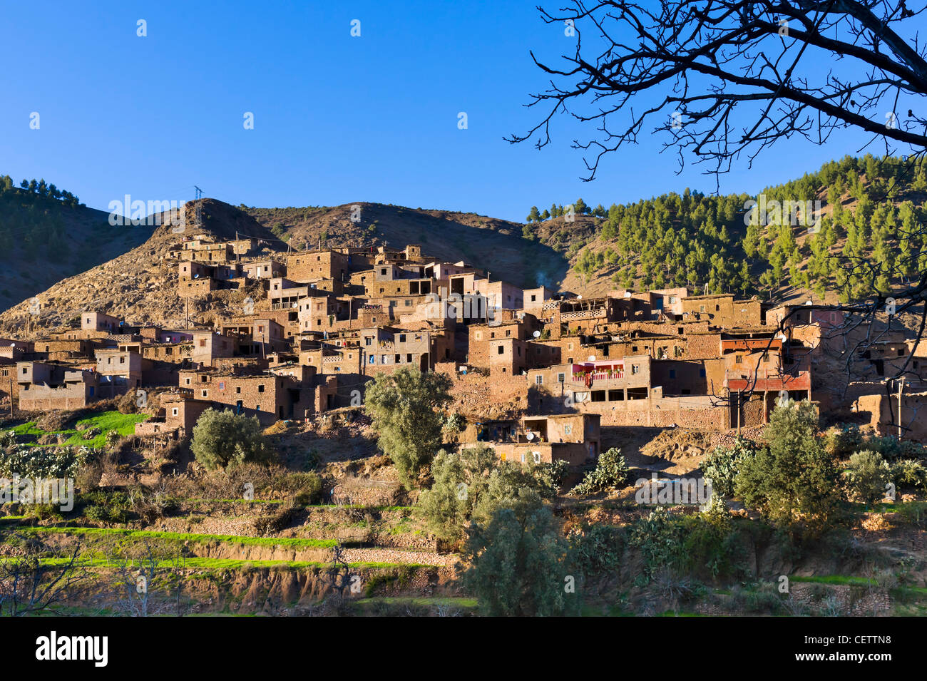 Berber village in the High Atlas Mountains between Oukaïmeden and Marrakech, Morocco, North Africa Stock Photo