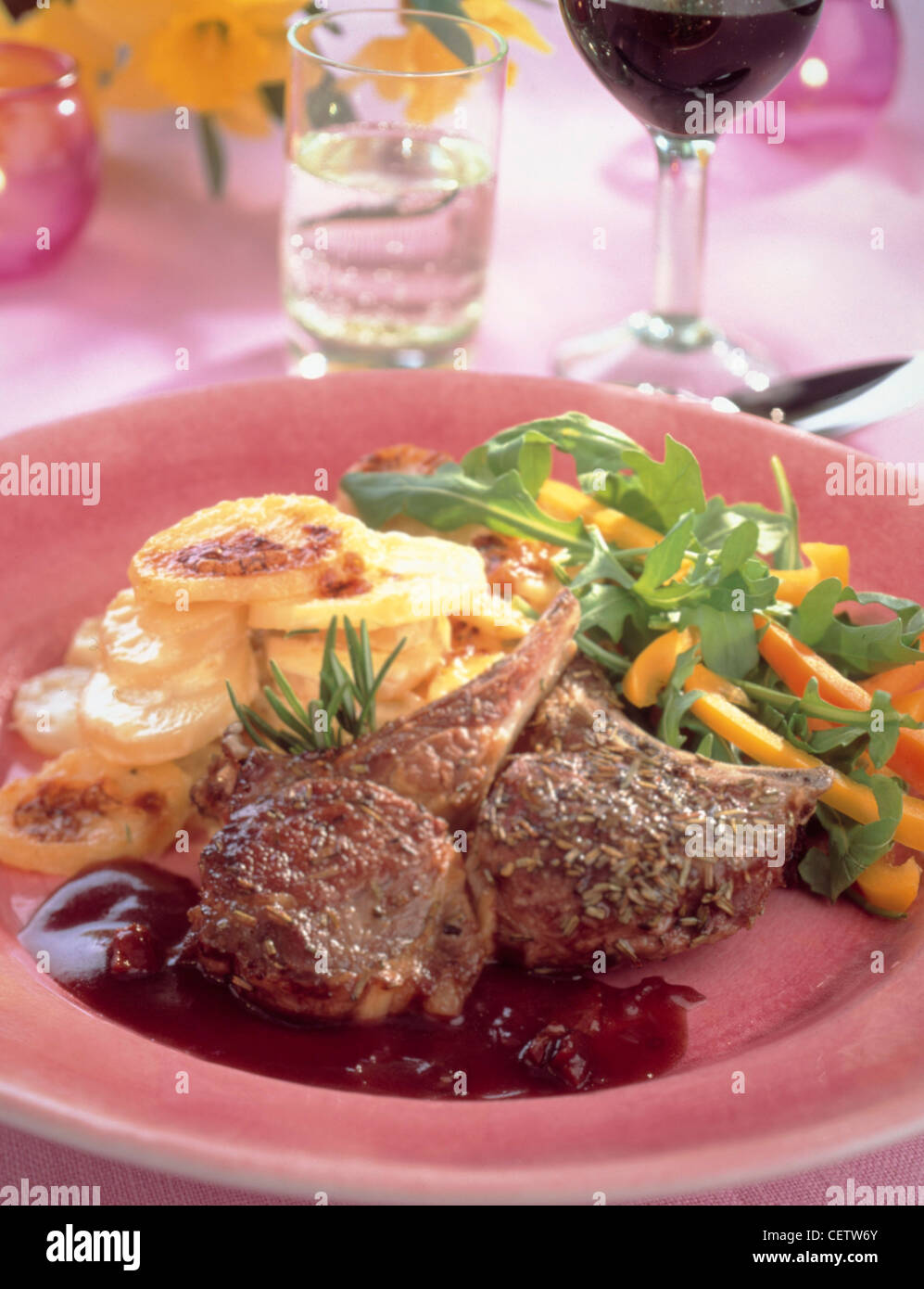 "Gourmet Easter Menu" Lamb chops in red wine sauce with potato gratin