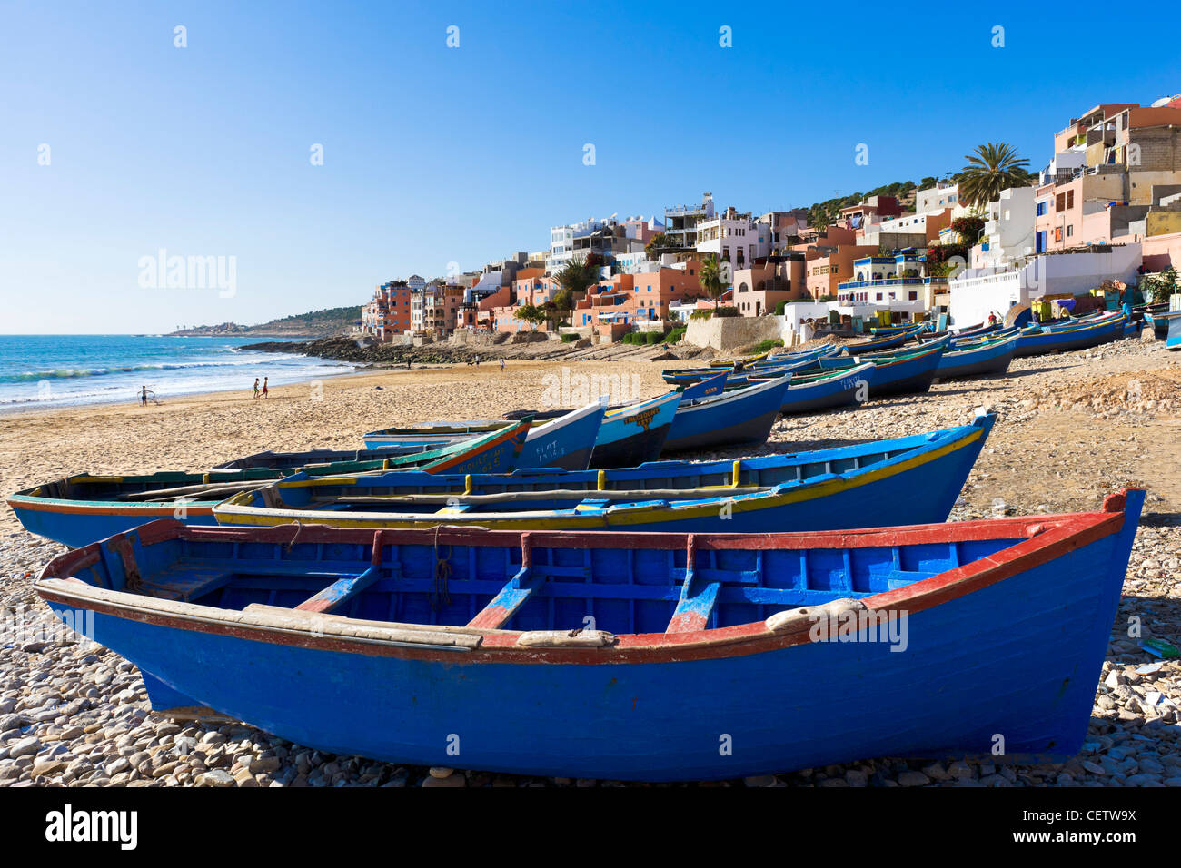 Town beach at Taghazout , north of Agadir, Morocco, North Africa Stock Photo