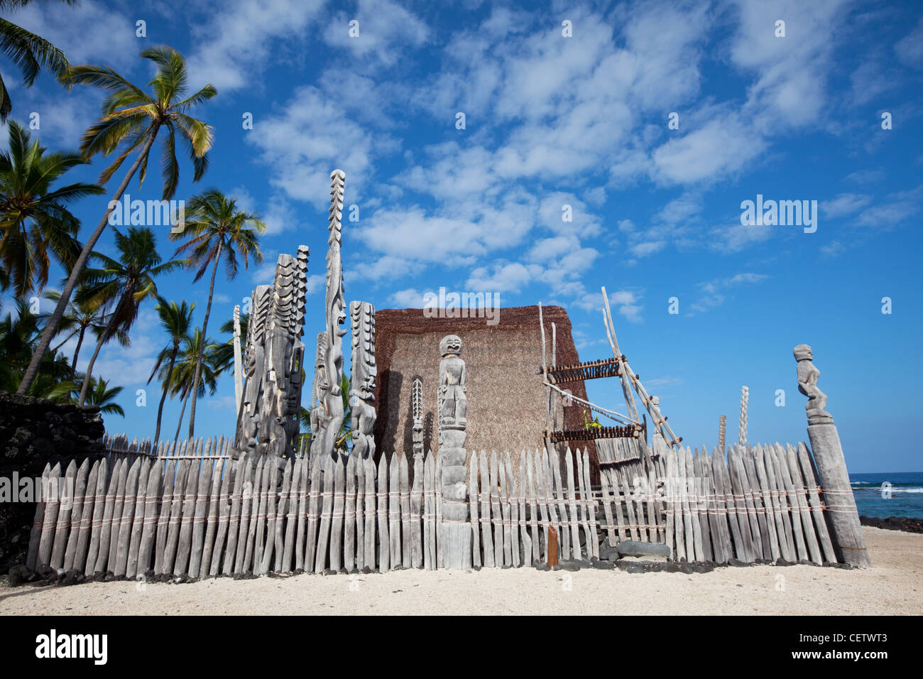 Tikis at Pu'uhonua O Honaunau (Place of Refuge) National Park, Big Island Hawaii Stock Photo