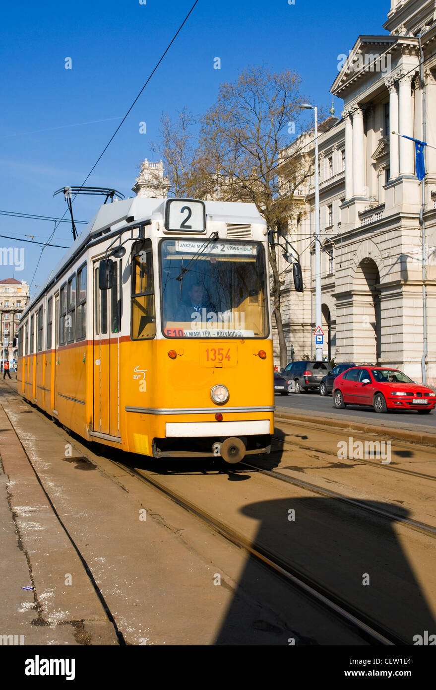 Tram on the street in Budapest. Sunny Stock Photo
