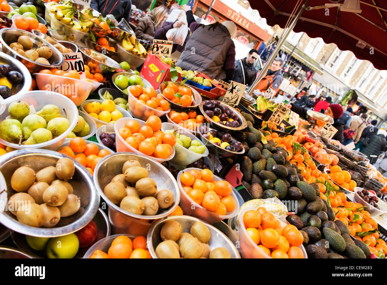 Street Market London fresh fruit greengrocer fruitier stall metal bowls