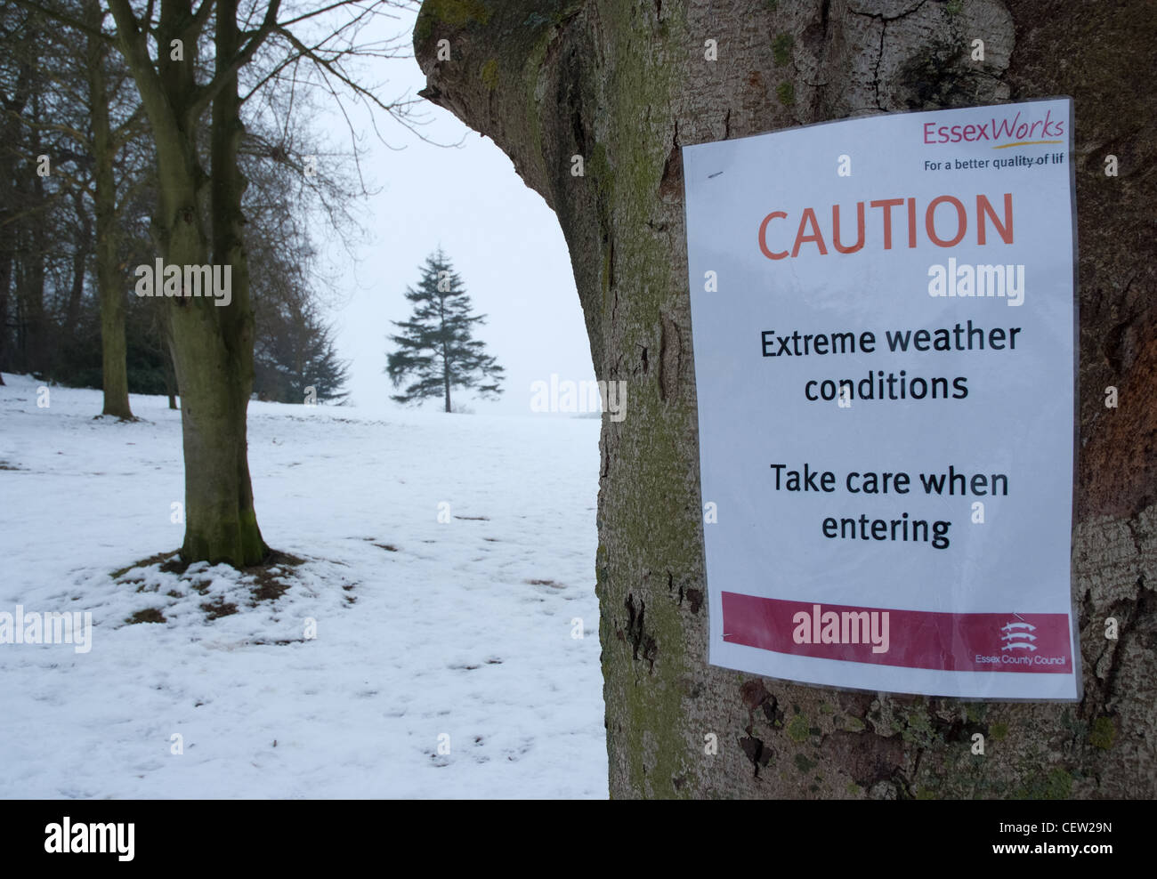 a warning message displayed at the entrance of Weald Country Park Essex Stock Photo