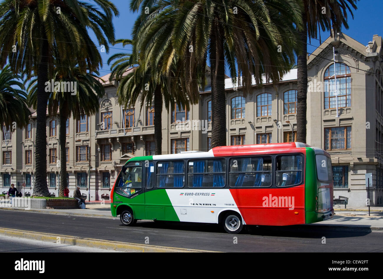 ValparaIso, Chile. South America. Building at University and micro (small public bus). Stock Photo