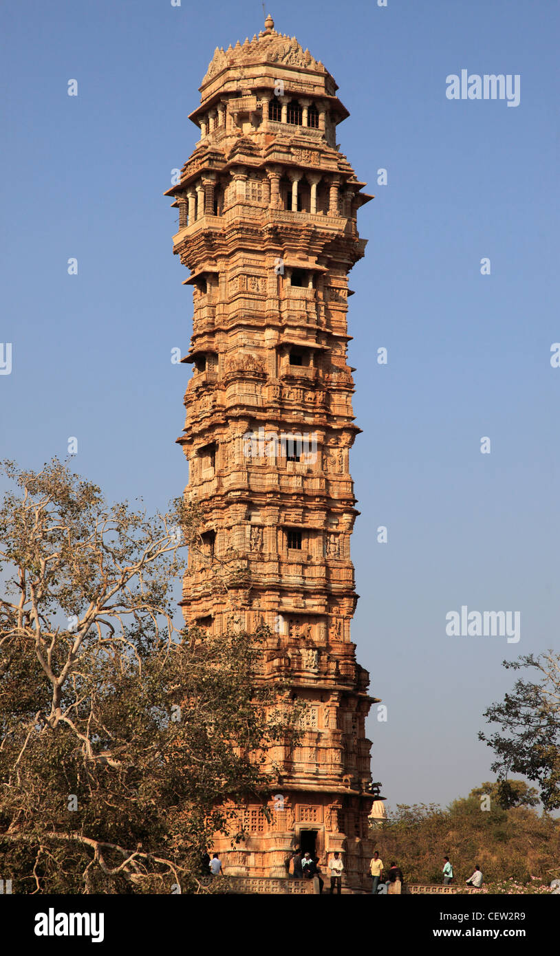 India, Rajasthan, Chittorgarh, Tower of Victory, Jaya Stambha, Stock Photo
