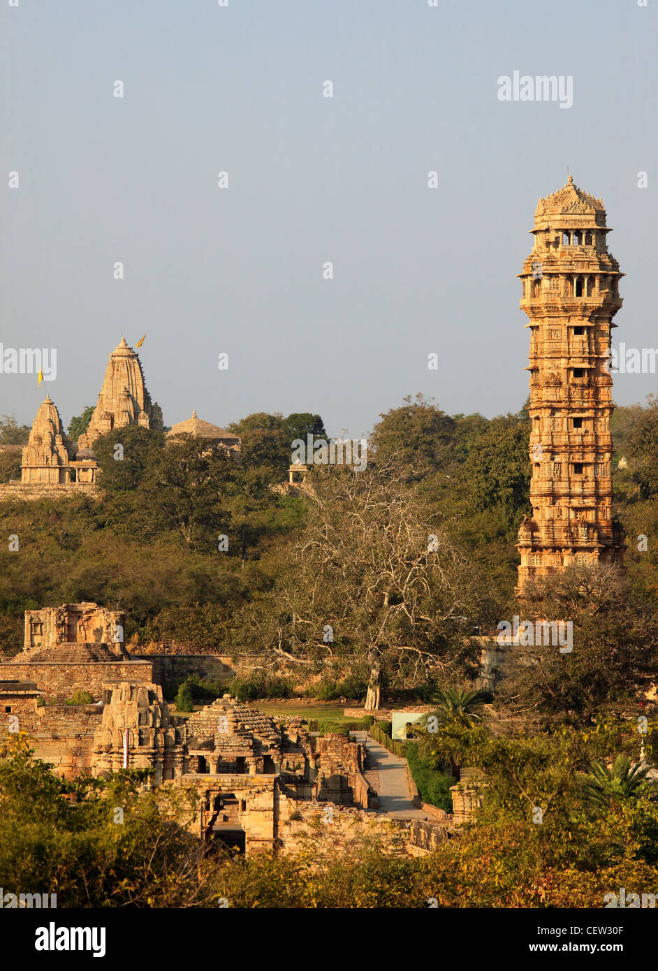 India, Rajasthan, Chittorgarh, Fort, general view, skyline, Tower of Victory, Stock Photo