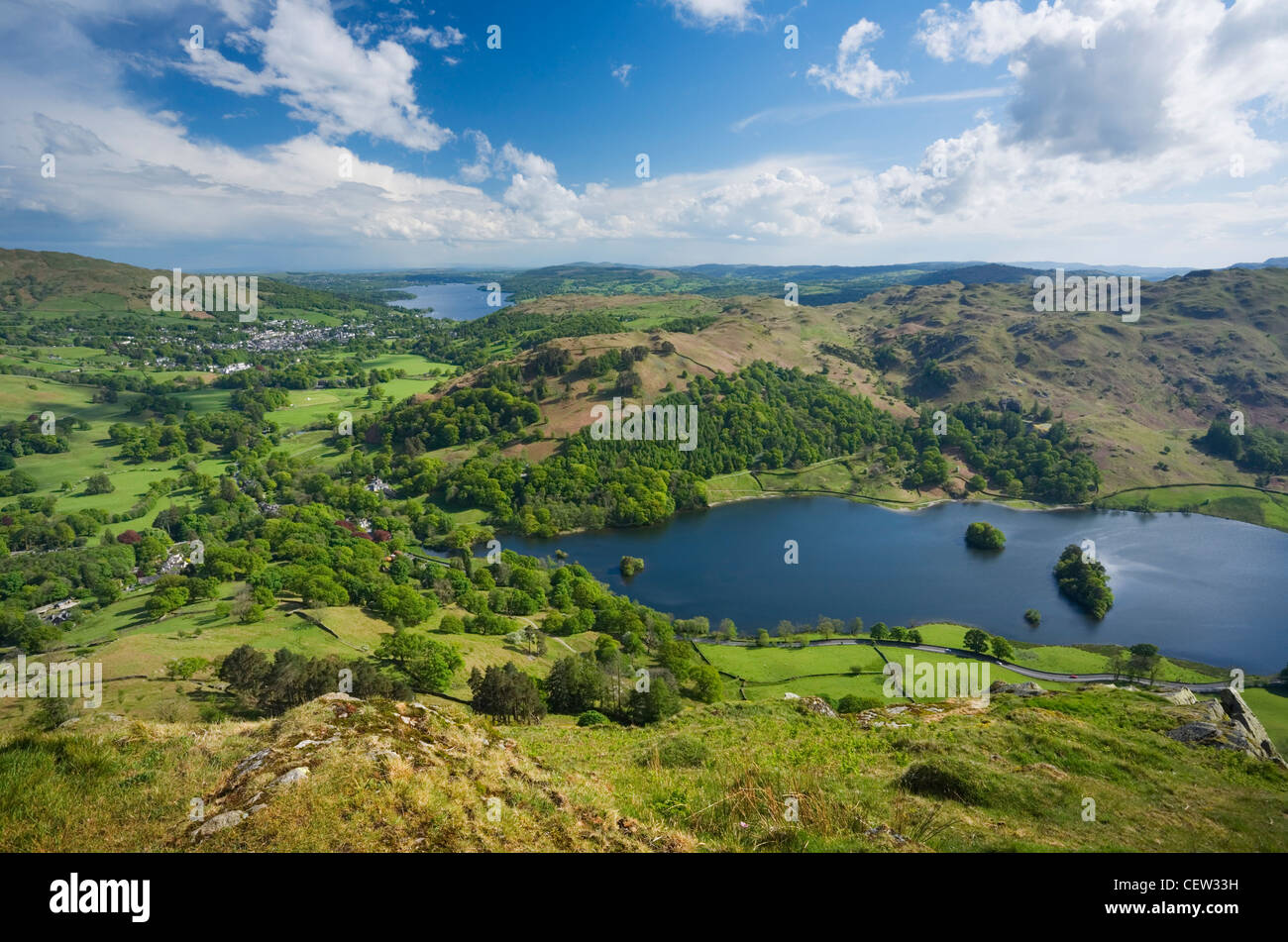 Rydal Water and Windermere in the Distance from Nab Scar. Lake District National Park. Cumbria. England. UK. Stock Photo