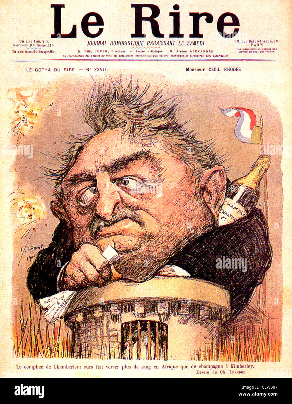 CECIL RHODES (1853-1902) on cover of French magazine Le Rire (The Laugh) in 17 February 1900 issue. See Description below Stock Photo