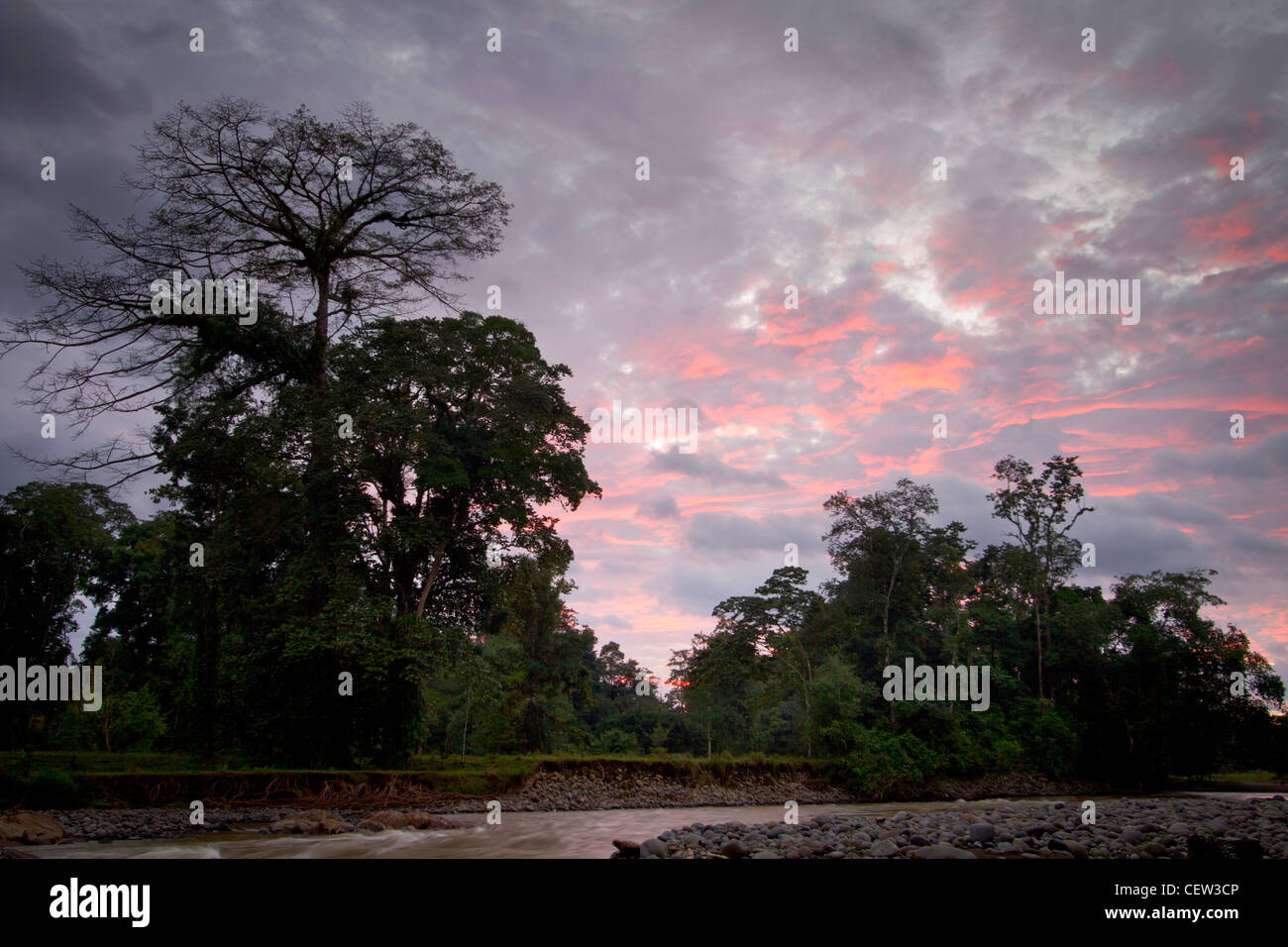 sunset along Sarapique River by Selva Verde, Costa Rica Stock Photo