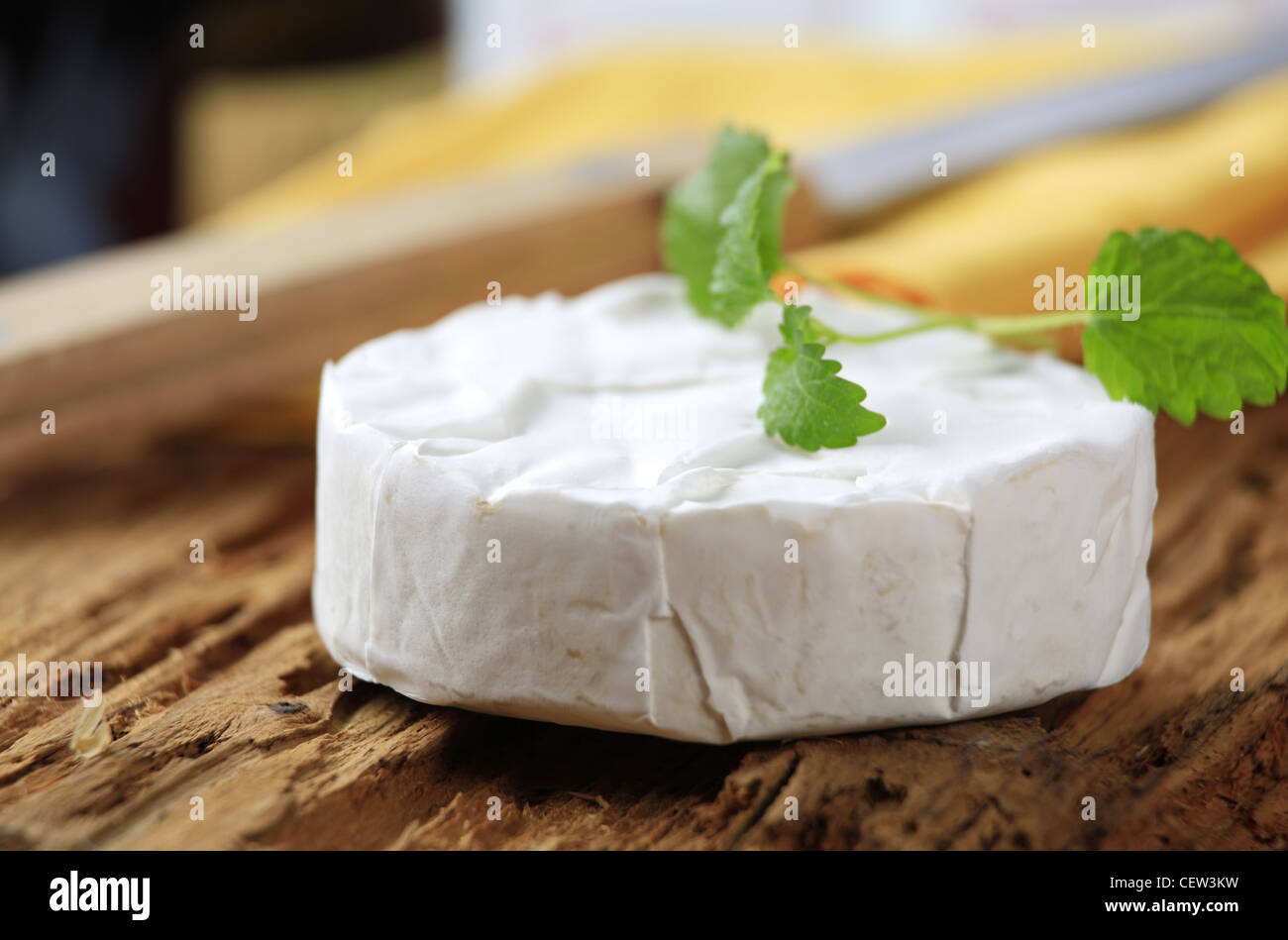 Wheel of white rind cheese - closeup Stock Photo - Alamy