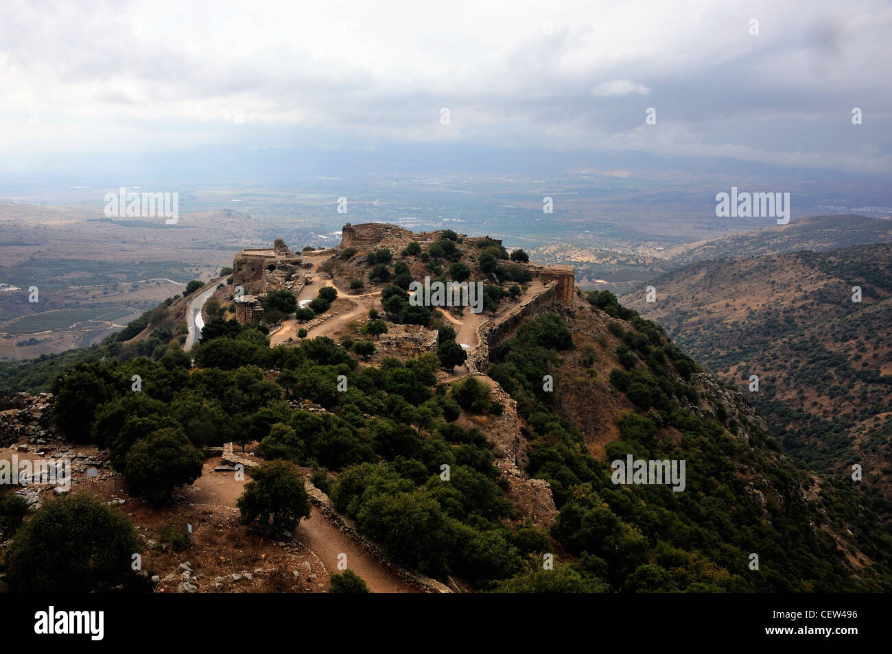 View of the Nimrod Fortress from Mount Hermon on the Golan Heights, and the Jordan valley in the background Stock Photo