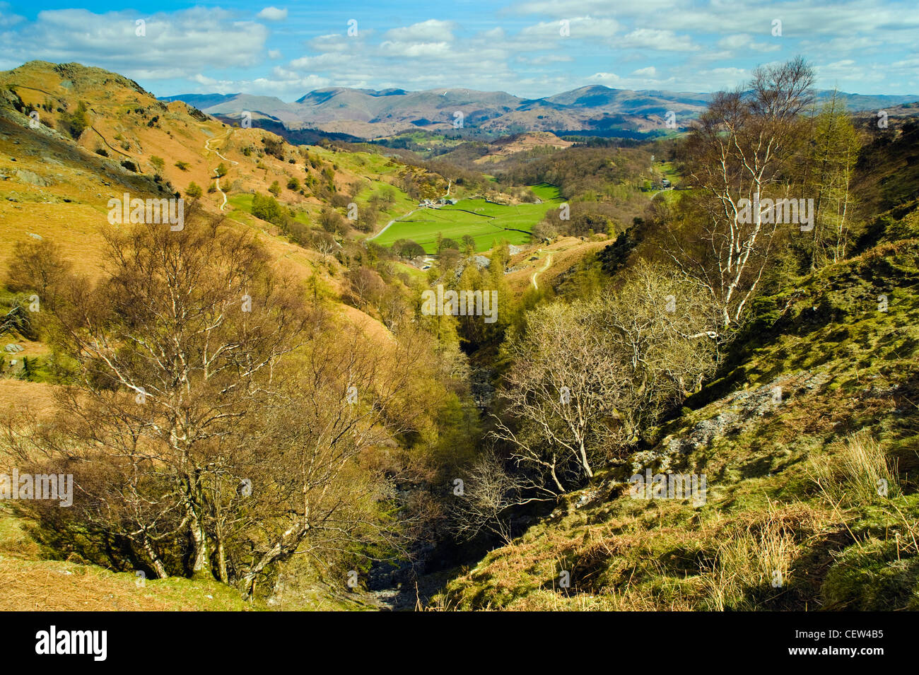 View over Tilberthwaite Gill towards Fairfield and the Eastern Fells, Lake District Stock Photo