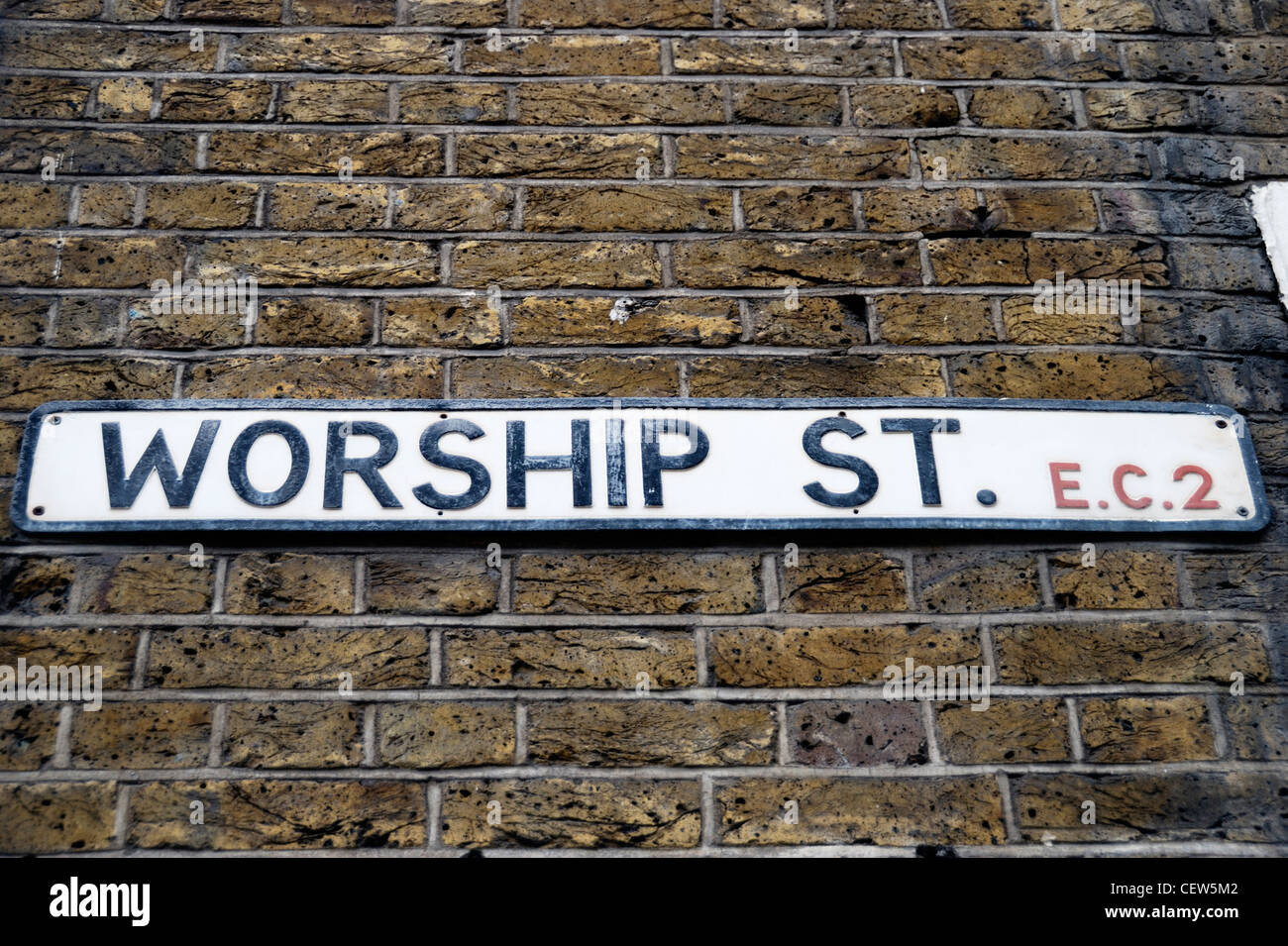 Worship Street EC2 street sign on a wall, Shoreditch, London, England Stock Photo