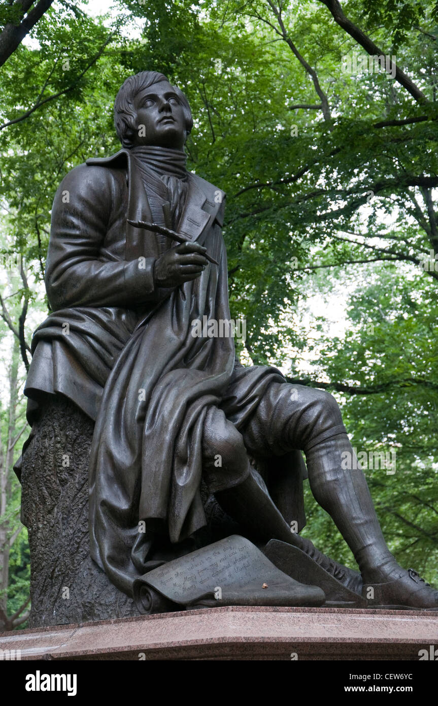 A bronze statue of Robert Burns (1759 - 1796) shaded by trees on the Mall in Central Park, New York City USA Stock Photo