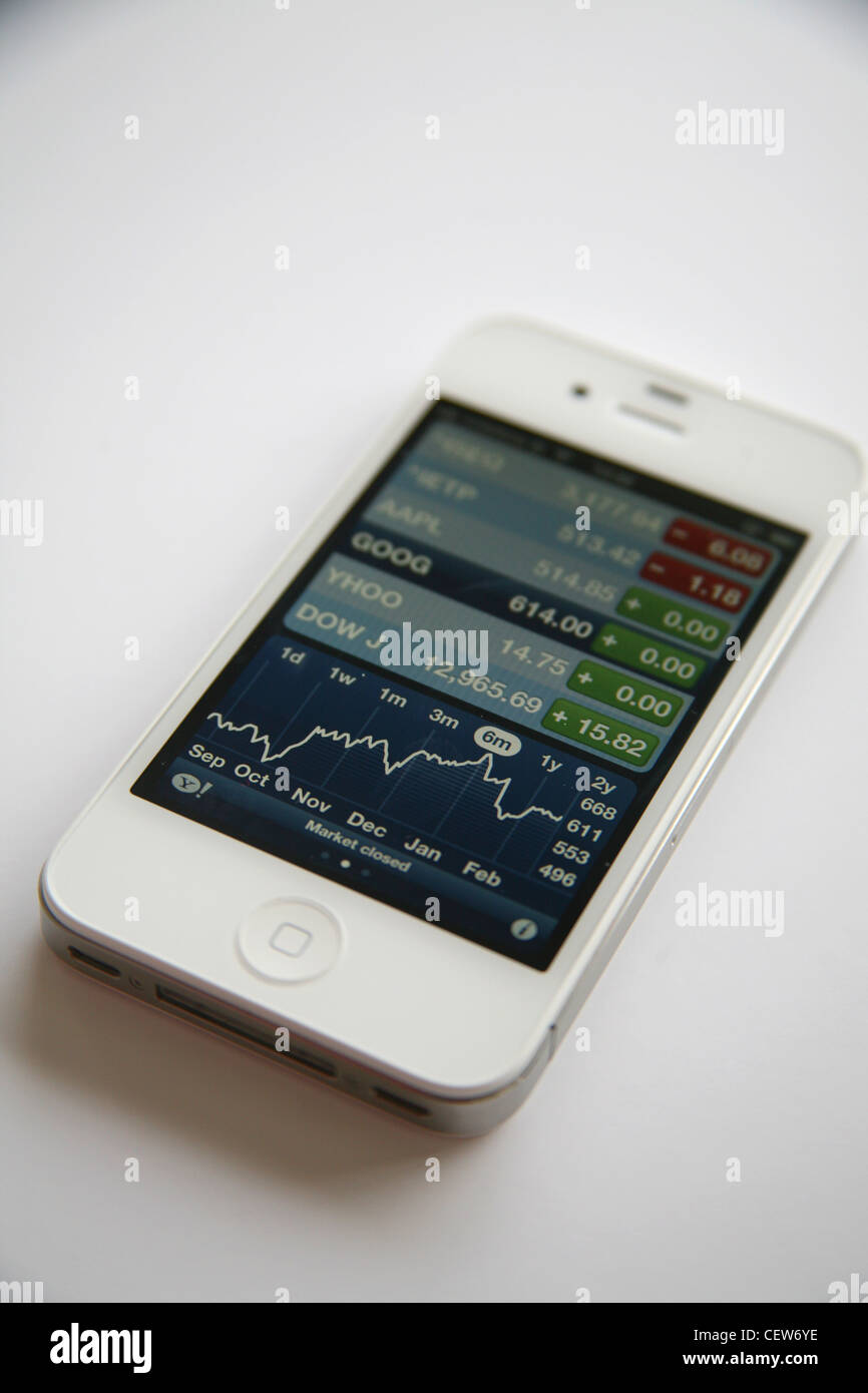 White iPhone 4s with stock reports Stock Photo