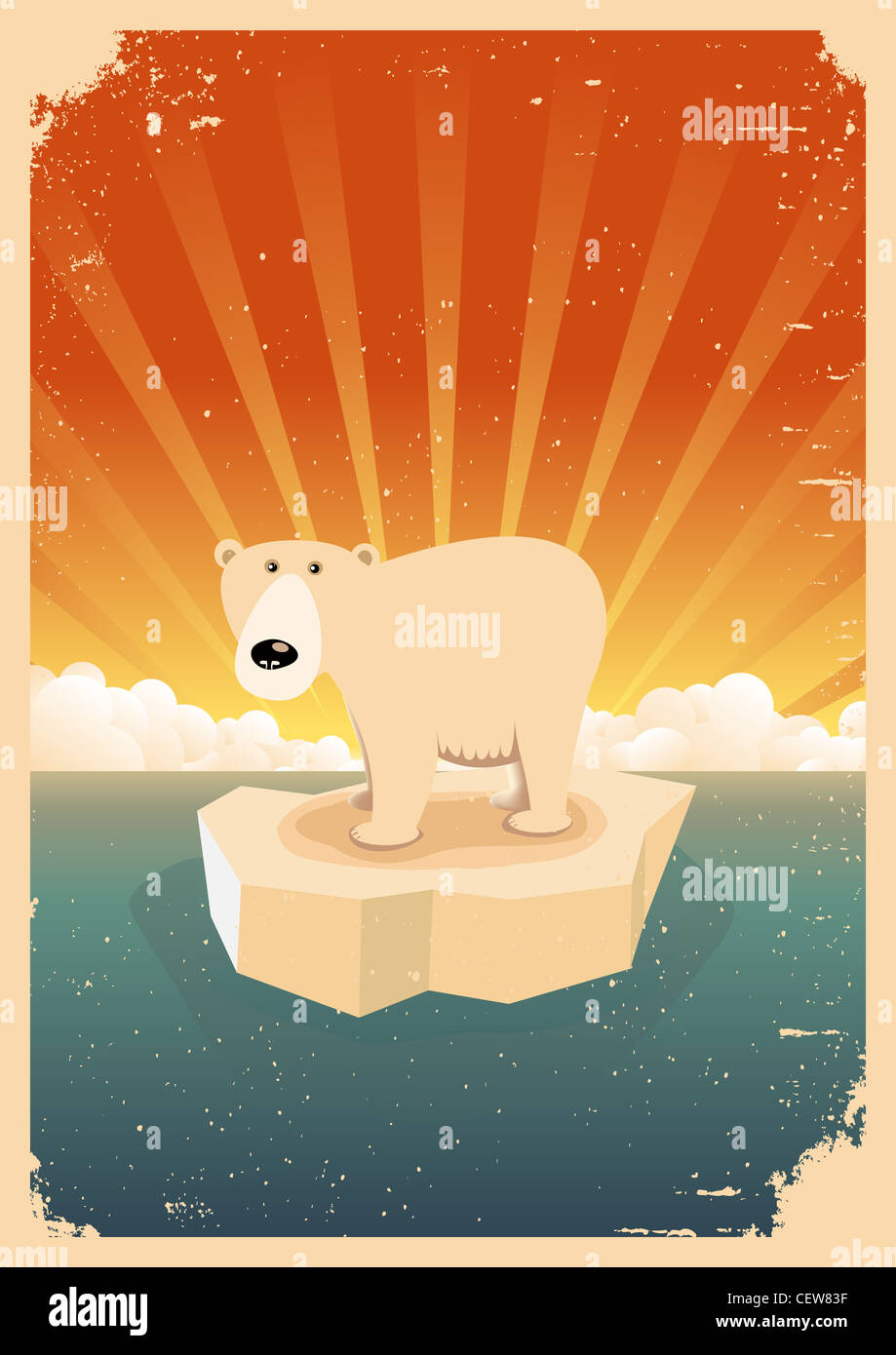 Illustration of a white polar bear alone on an ice floe in the arctic ...