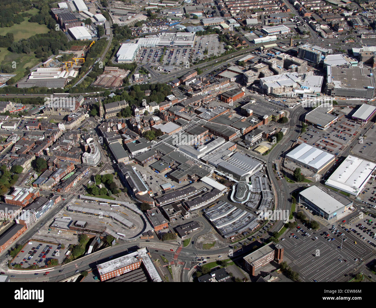 aerial view of Bury town centre from the south with the bus station & Mill Gate Shopping Centre prominent Stock Photo